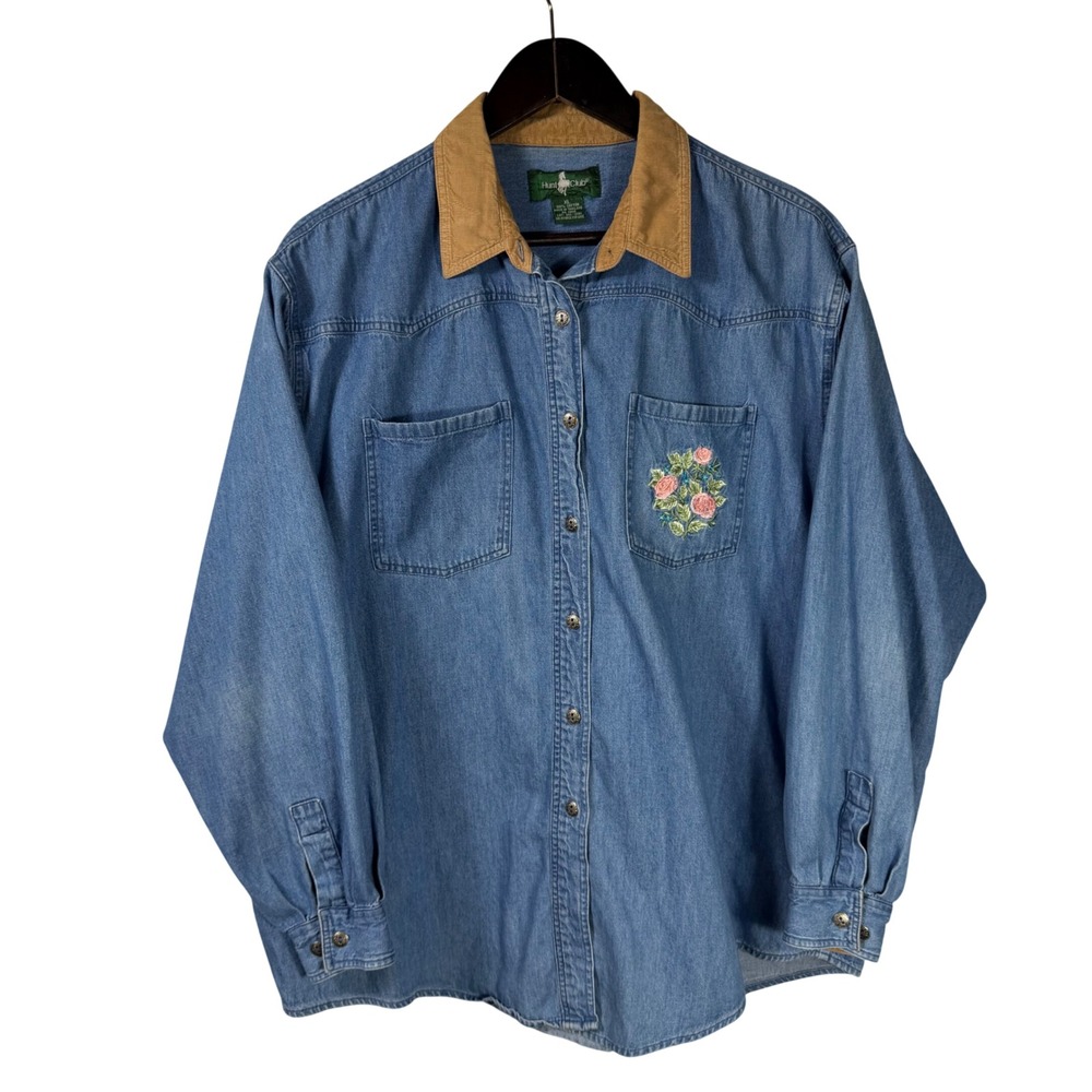Hunt Club Denim Shirt Women XL Blue Cotton Corduroy Collar Floral Embroidered